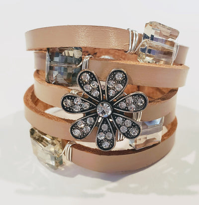 Leather Cuff Bracelet with Rhinestone, Vintage Flair, Beauty In Stone Jewelry at $109