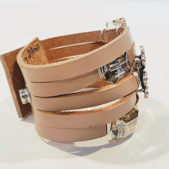 Leather Cuff Bracelet with Rhinestone, Vintage Flair, Beauty In Stone Jewelry at $109