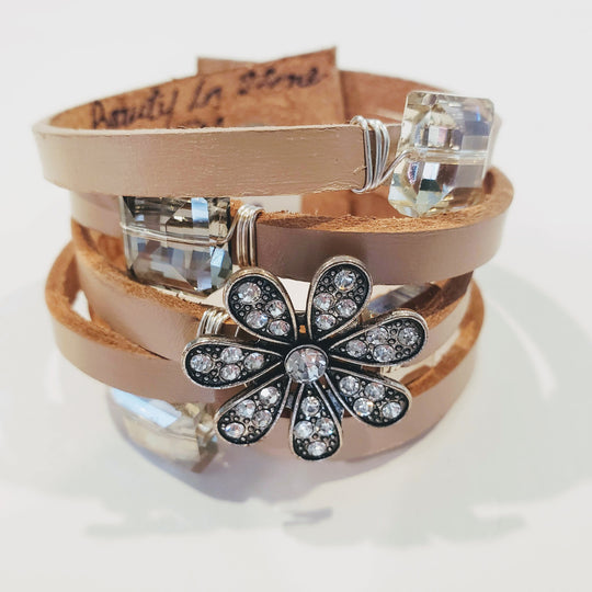 Leather Cuff Bracelet with Rhinestone, Vintage Flair, Beauty In Stone Jewelry at $109