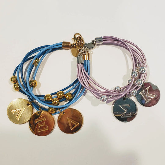 Sorority Leather Bracelet With Greek Letter Engraved Charms, Beauty In Stone Jewlery at $99