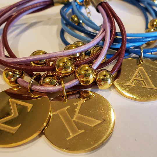 Sorority Leather Bracelet With Greek Letter Engraved Charms, Beauty In Stone Jewlery at $99