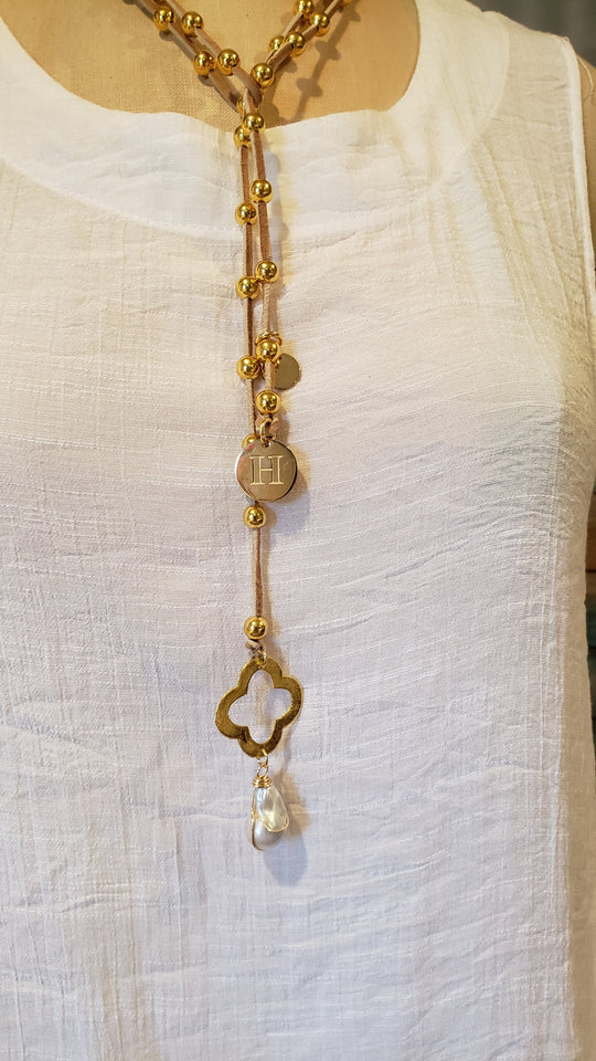 Gold Beaded Lariat With Quatrefoil Clover on Suede Leather, Beauty In Stone Jewelry at $90