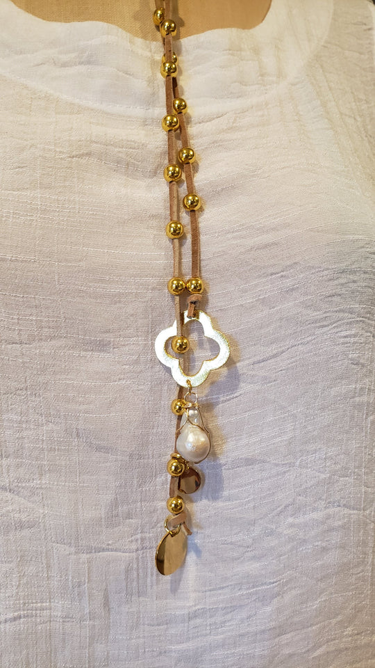 Gold Beaded Lariat With Quatrefoil Clover on Suede Leather, Beauty In Stone Jewelry at $90