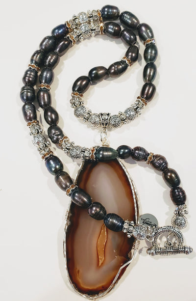 Freshwater Peacock Pearl Agate Stone Necklace, Beauty In Stone Jewlery at $188
