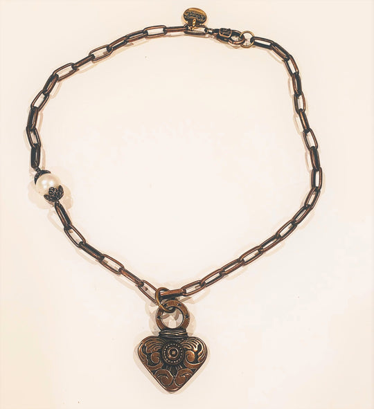 Dramatic Heart Necklace With Pearl Antique Bronze, Beauty In Stone Jewelry at $89