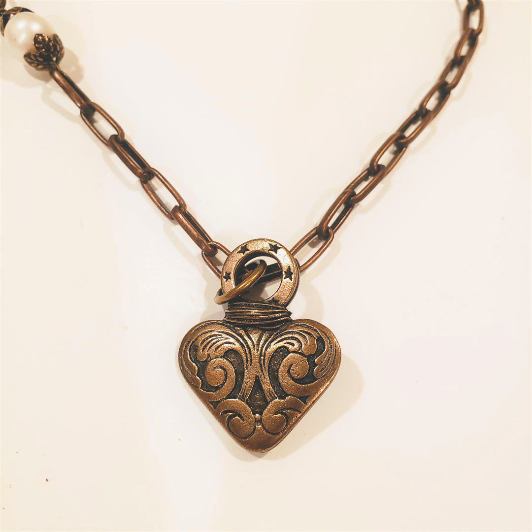 Dramatic Heart Necklace With Pearl Antique Bronze, Beauty In Stone Jewelry at $89