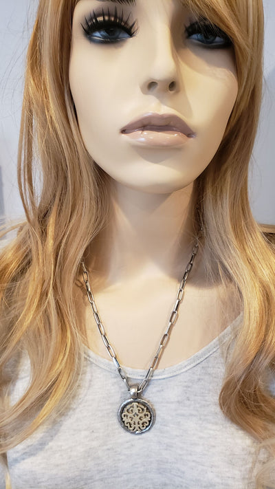 Matte Silver & Soft Gold Chain Necklace With Medallion, Beauty In Stone Jewelry at $129