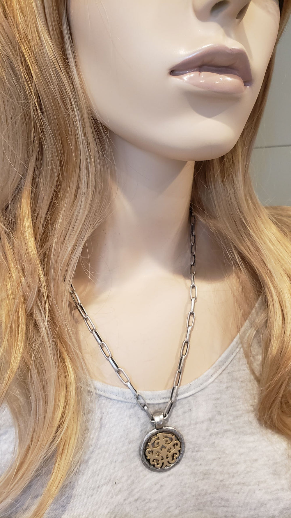 Matte Silver & Soft Gold Chain Necklace With Medallion, Beauty In Stone Jewelry at $129