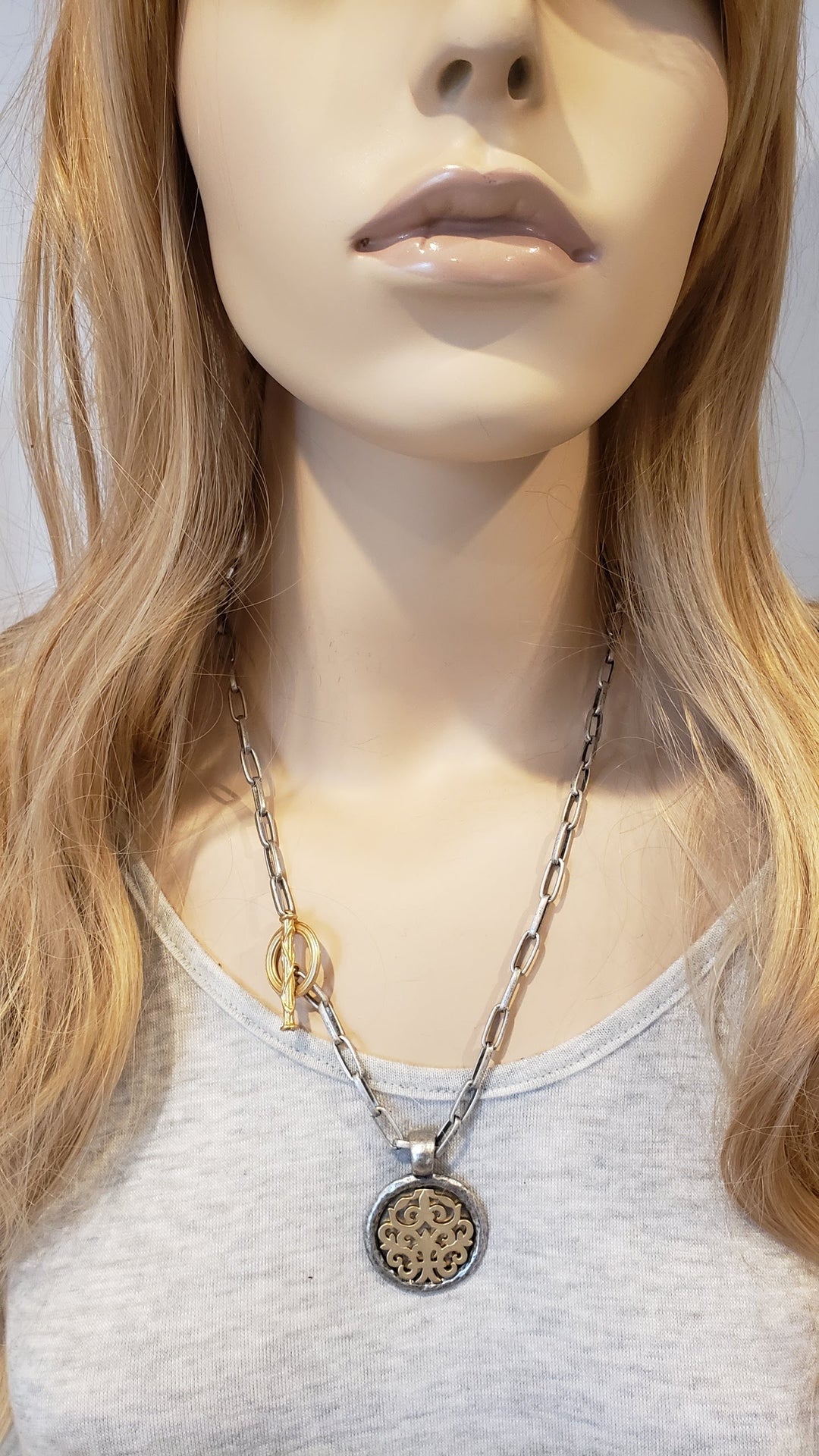 Matte Silver & Soft Gold Chain Necklace With Medallion, Beauty In Stone Jewelry at $129