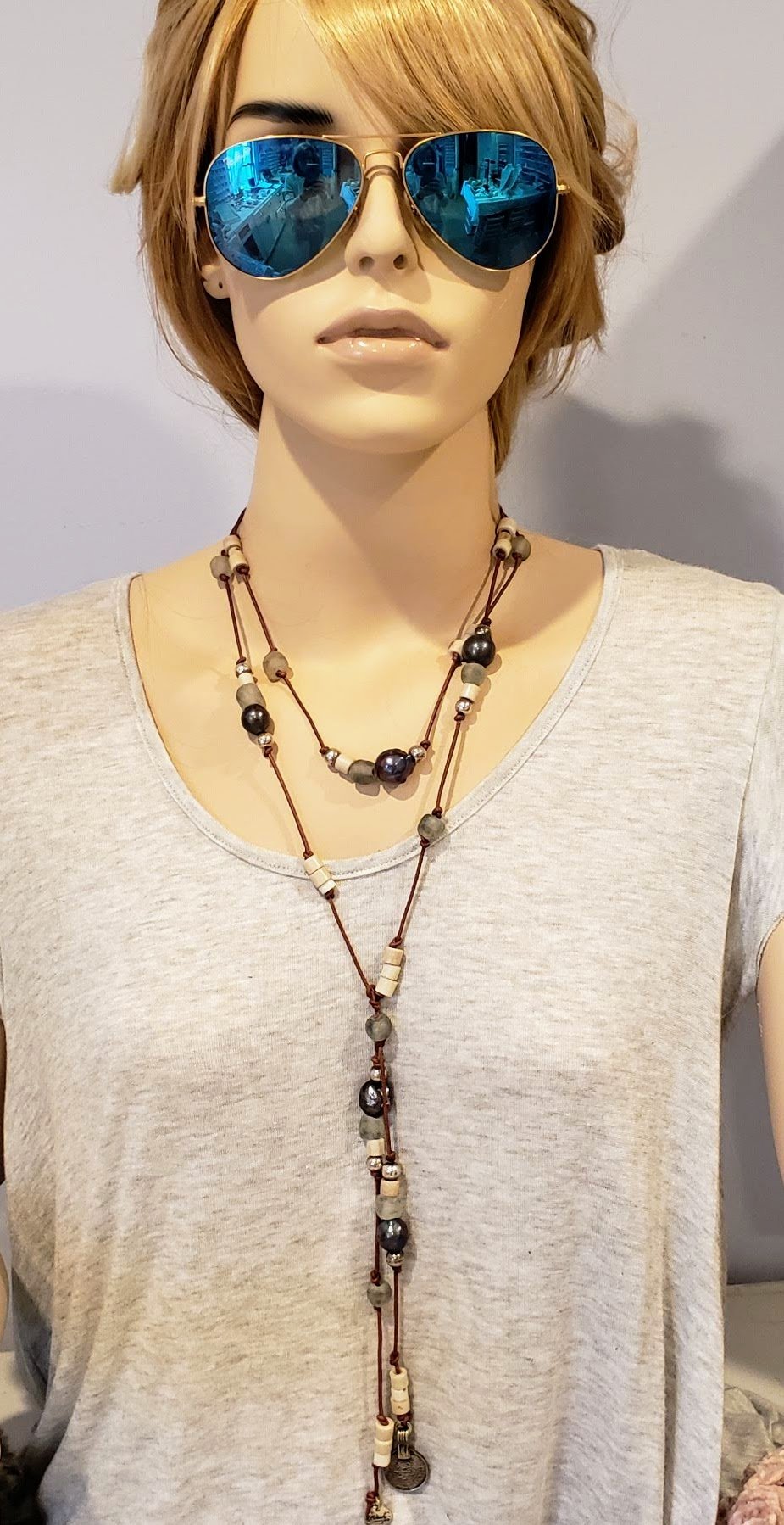 Peacock Pearl Long Lariat Necklace With Beach Glass, Beauty In Stone Jewlery at $199