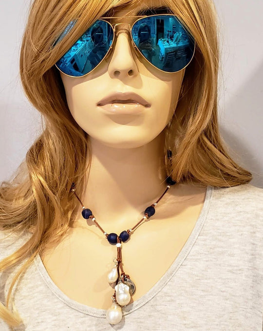 Cobalt Navy Blue Beach Glass Necklace With Pearl Tassel, Beauty In Stone Jewelry at $99