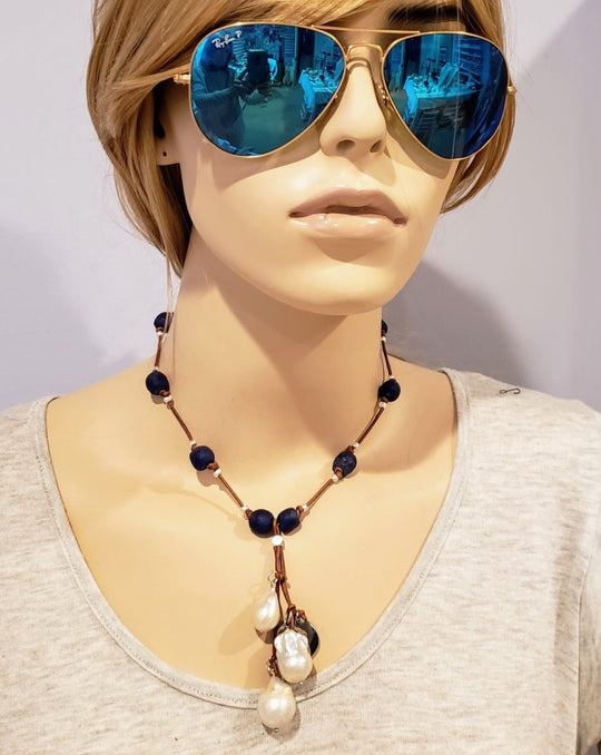 Cobalt Navy Blue Beach Glass Necklace With Pearl Tassel, Beauty In Stone Jewelry at $99