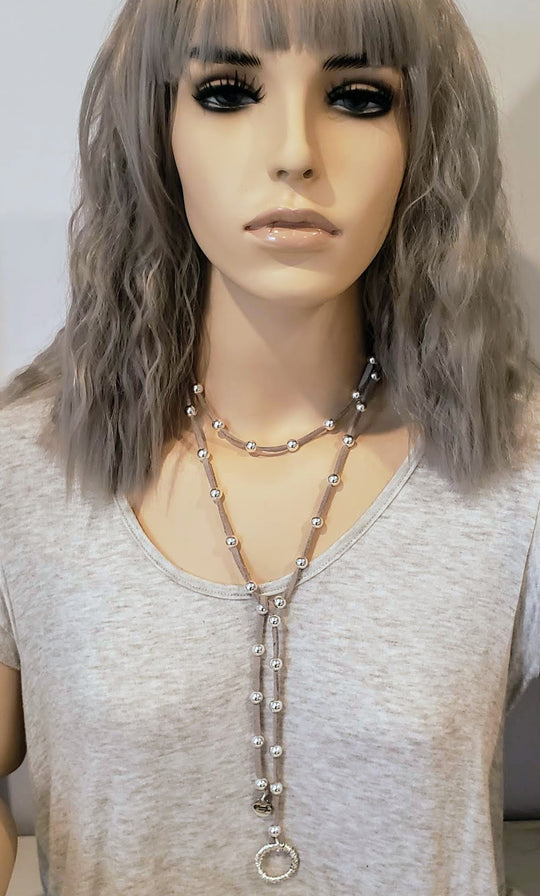 Big Link Silver Beaded Lariat on Suede Leather, Beauty In Stone Jewelry at $80