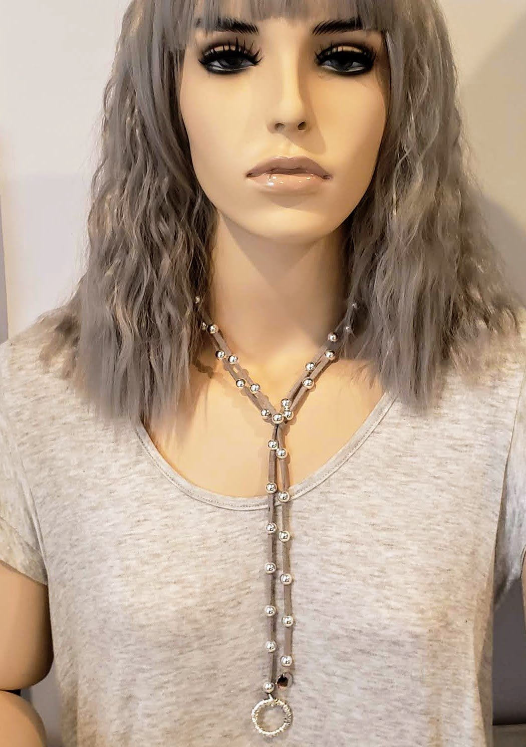 Big Link Silver Beaded Lariat on Suede Leather, Beauty In Stone Jewelry at $80