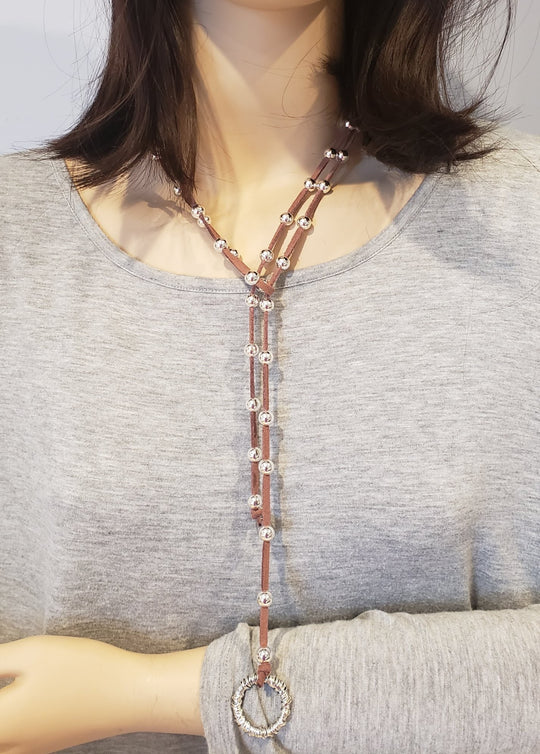 Big Link Silver Beaded Lariat on Suede Leather, Beauty In Stone Jewelry at $80