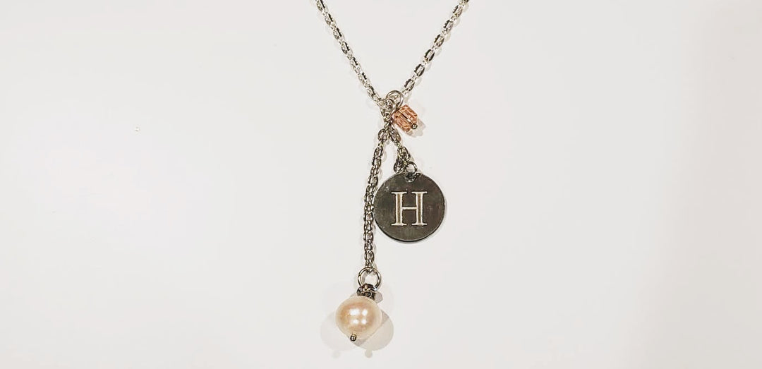 Custom Initial With Pearl & Modern Cube on Chain Necklace, Beauty In Stone Jewelry at $54