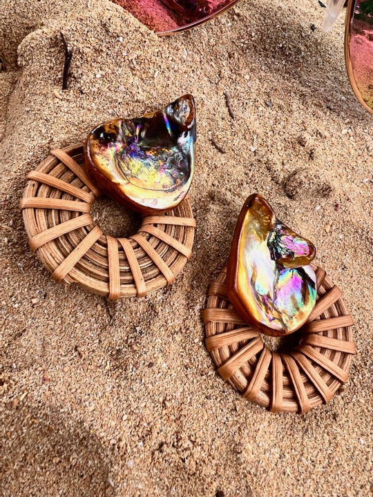 Rattan Earrings Shell Color CHOICE, Beauty In Stone Jewelry at $40