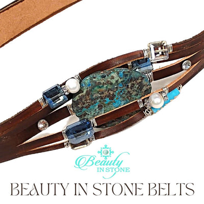 Handmade Leather Belt Dark Brown/Turquoise Gemstone & Rhinestones, Beauty In Stone Jewelry at $199