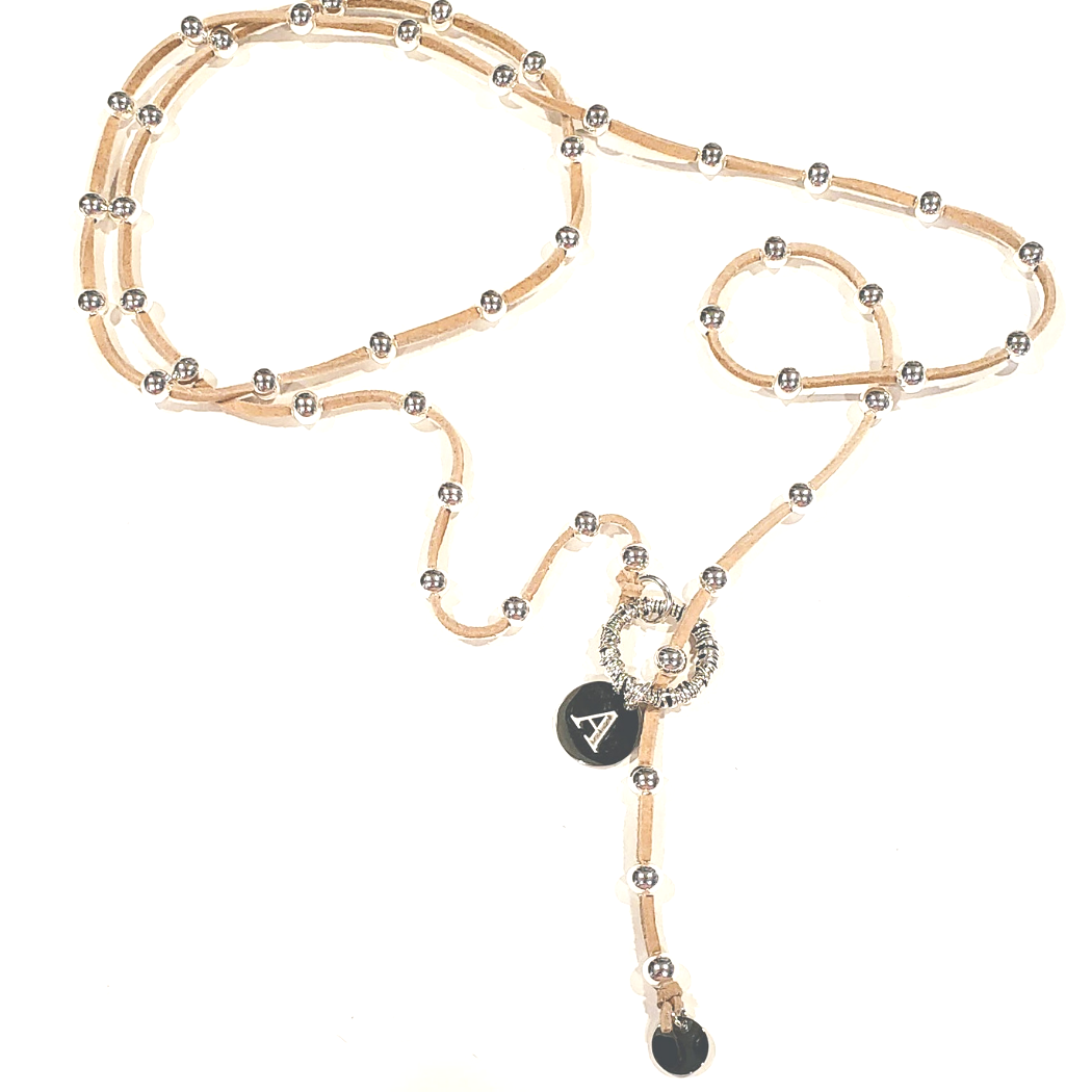 Big Link Silver Beaded Lariat on Suede Leather, Beauty In Stone Jewelry at $80