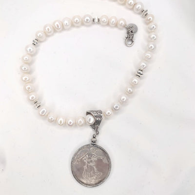 French Coin Pendant On Pearl Necklace, Beauty In Stone Jewelry at $149