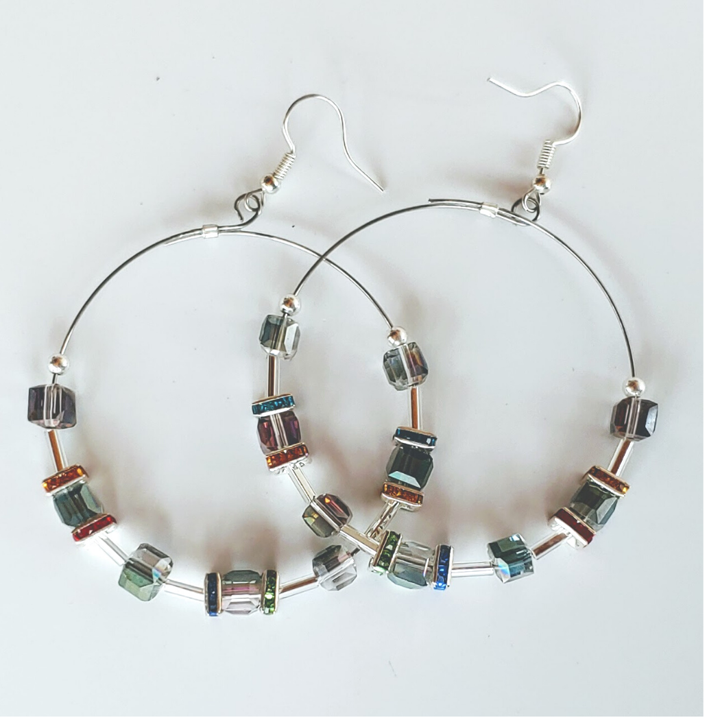 Hoop Earrings Multi Color Cubes & Crystal, Beauty In Stone Jewelry at $49