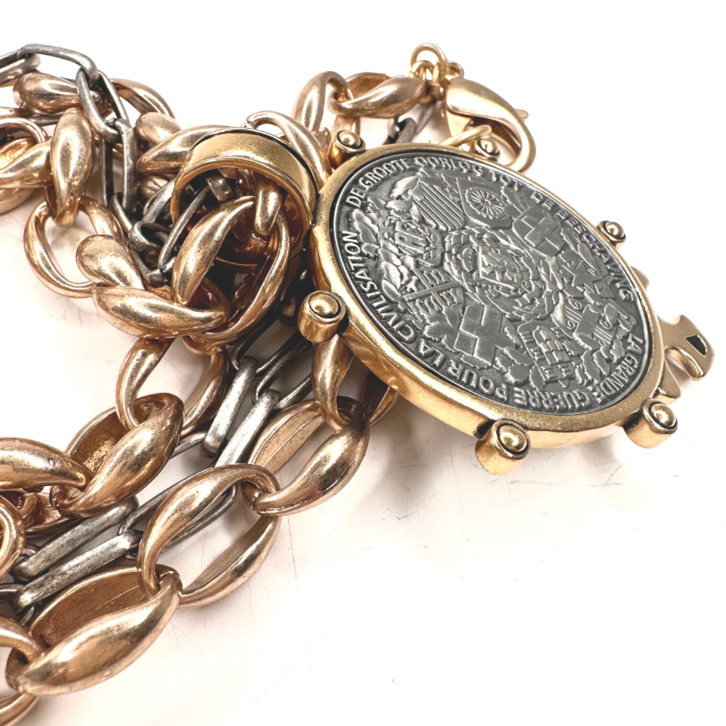 French Coin Necklace Two Tone Double Chain