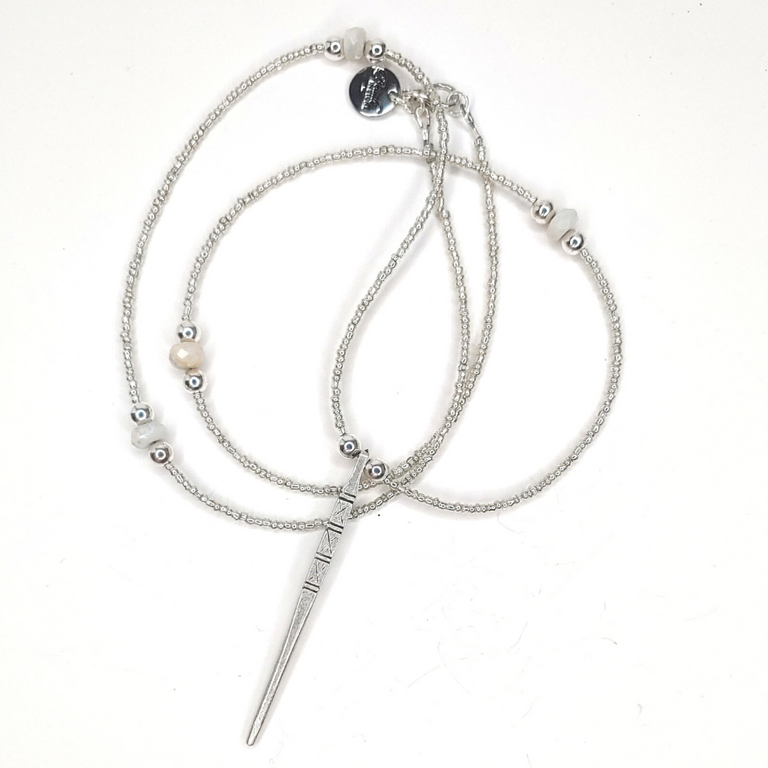 Glass and Stone Beaded Silver Chain Necklace With Drop Pendant, Beauty In Stone Jewelry at $59