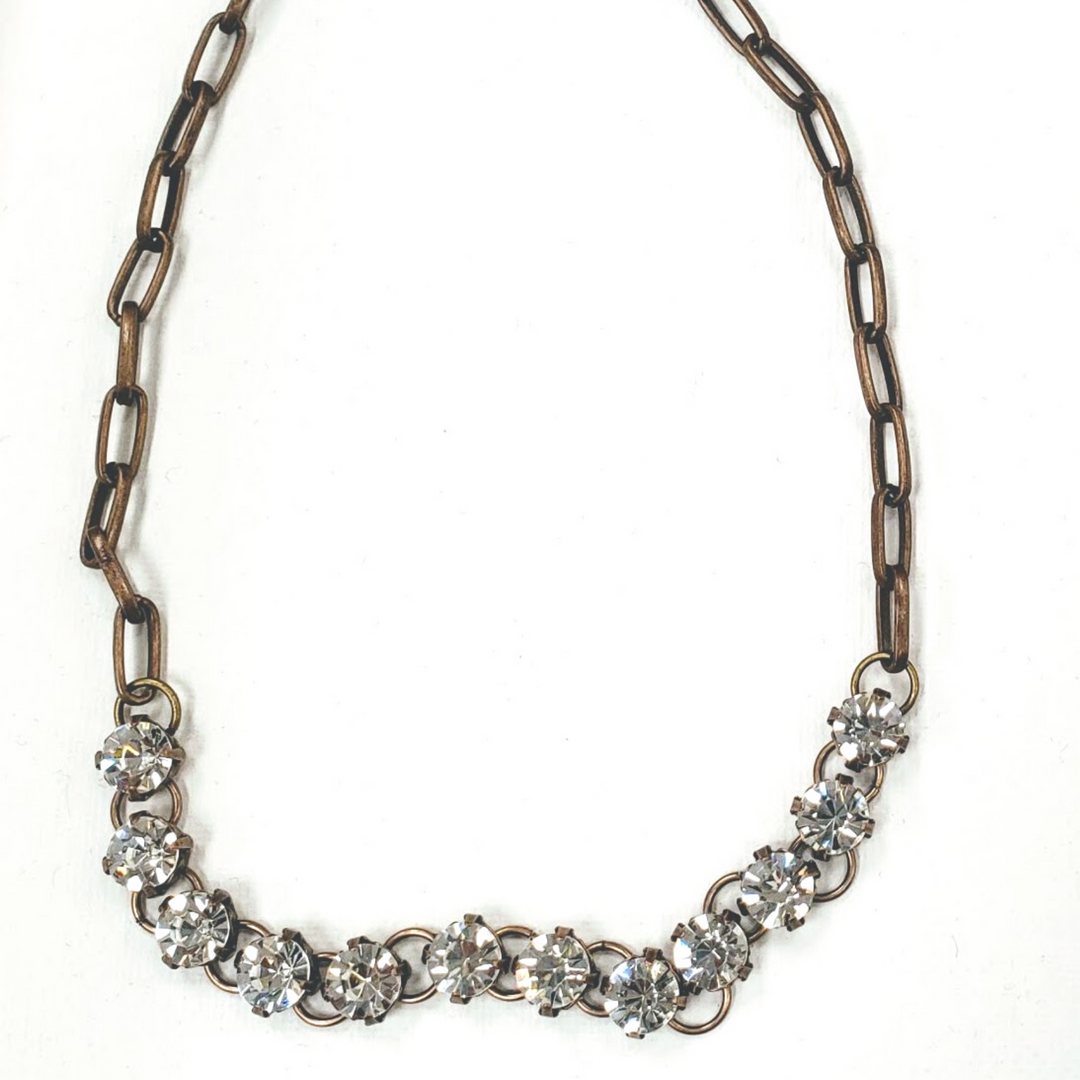 Antique Bronze Chain Rhinestone Necklace, Beauty In Stone Jewelry at $95