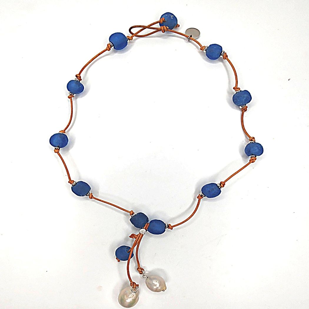 Cobalt Navy Blue Beach Glass Necklace With Pearl Tassel, Beauty In Stone Jewelry at $99