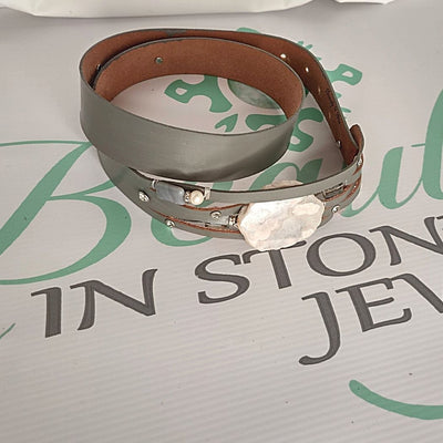 Handmade Leather Belt Gray/Blossom Agate Gemstone & Rhinestones, Beauty In Stone Jewelry at $199