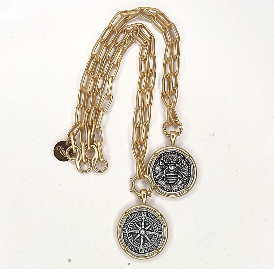 Gold Necklace with Bee or Compass Pendant, Beauty In Stone Jewelry at $62