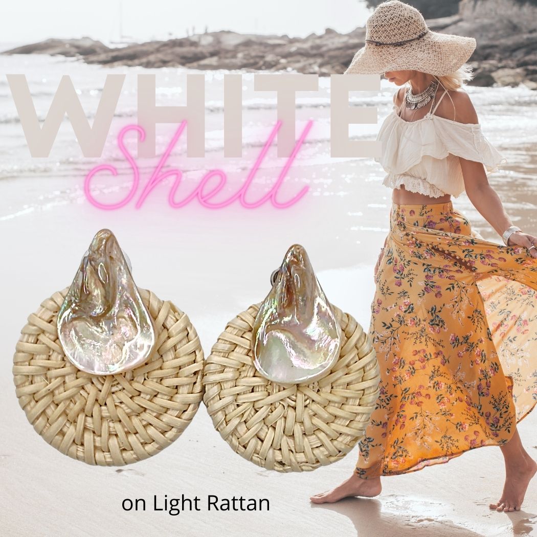 Rattan Earrings Shell Color CHOICE, Beauty In Stone Jewelry at $35