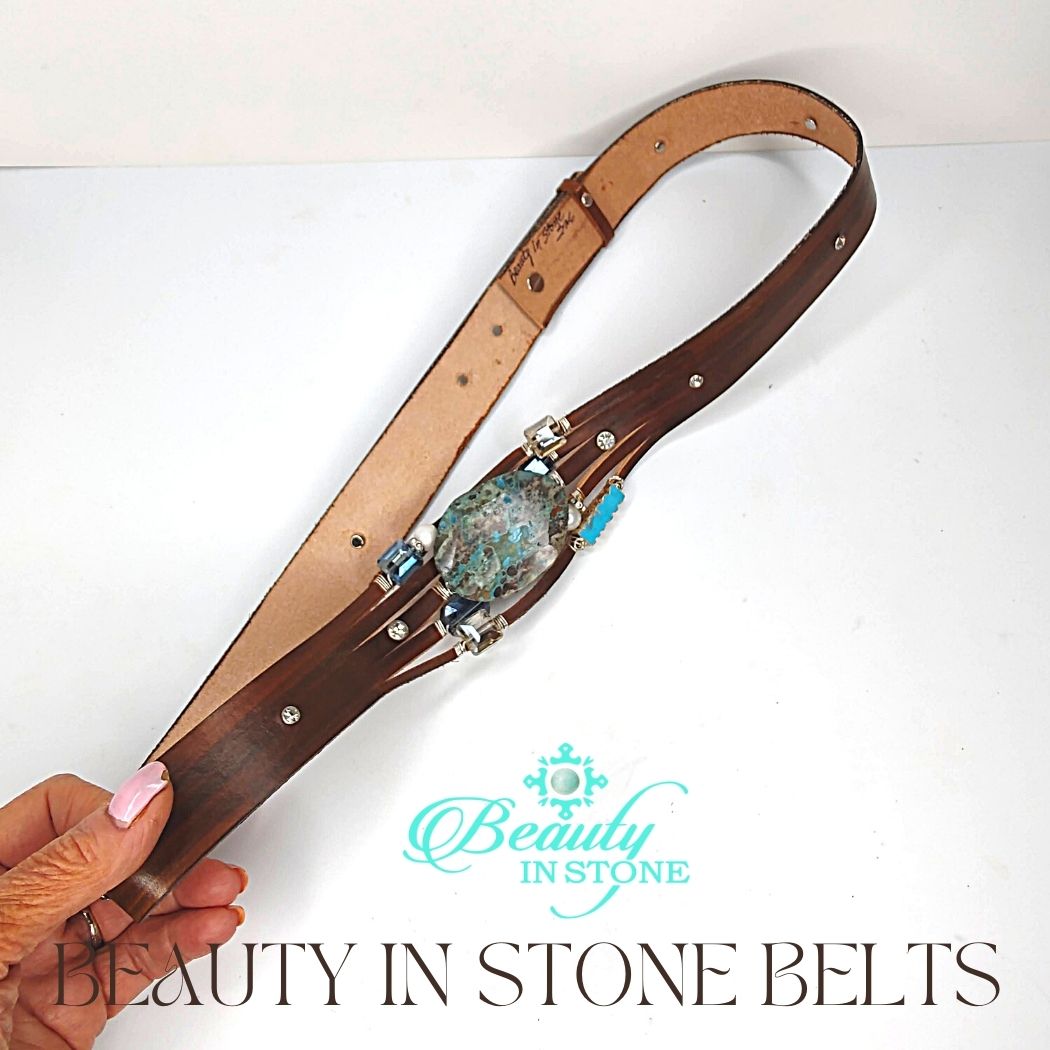 Handmade Leather Belt Dark Brown/Turquoise Gemstone & Rhinestones, Beauty In Stone Jewelry at $199