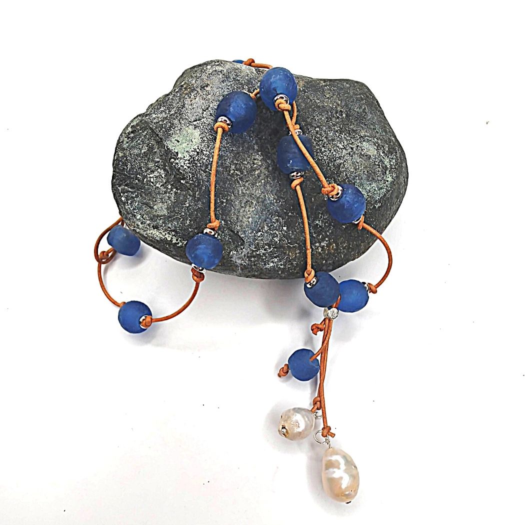 Cobalt Navy Blue Beach Glass Necklace With Pearl Tassel, Beauty In Stone Jewelry at $99