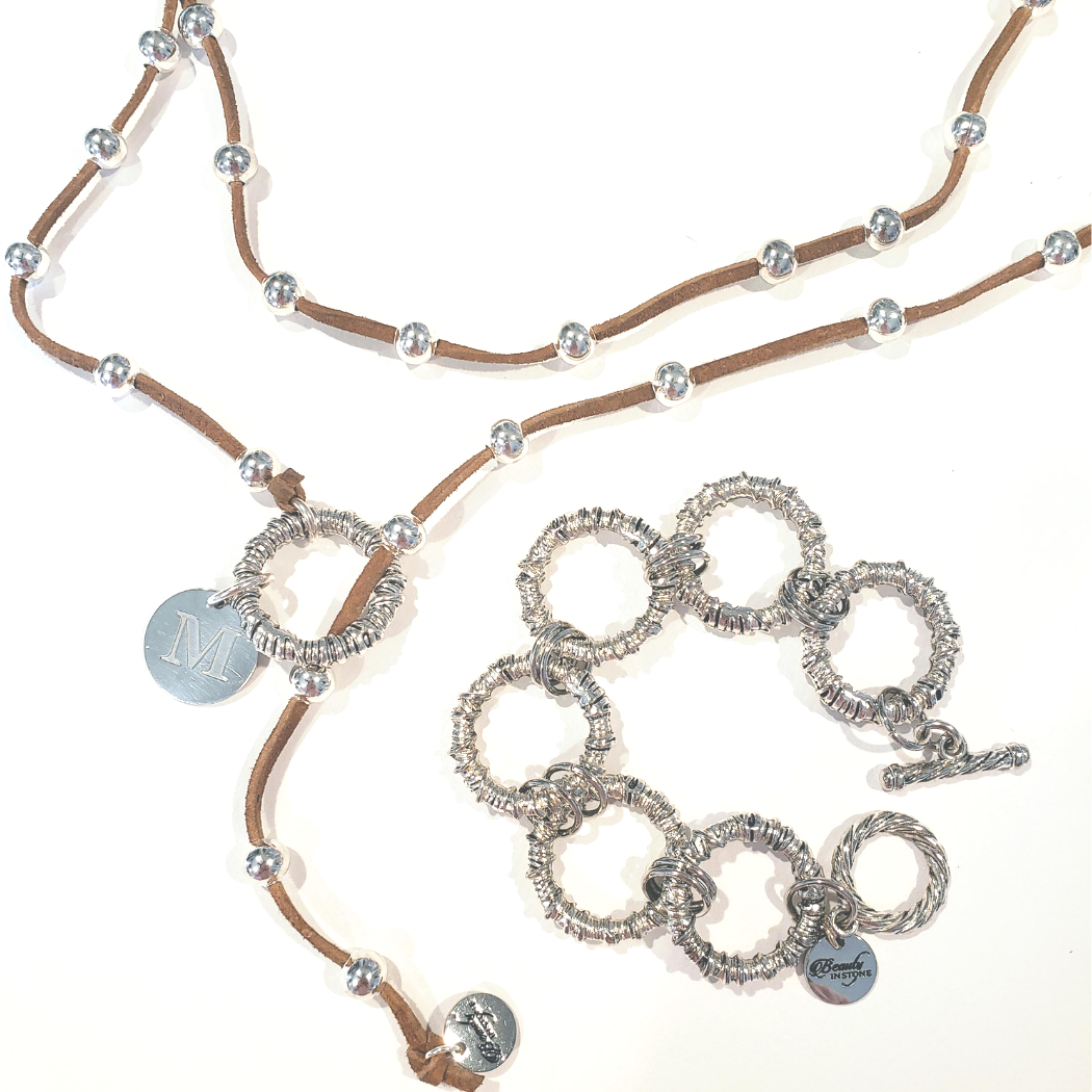 Big Link Silver Beaded Lariat on Suede Leather, Beauty In Stone Jewelry at $80