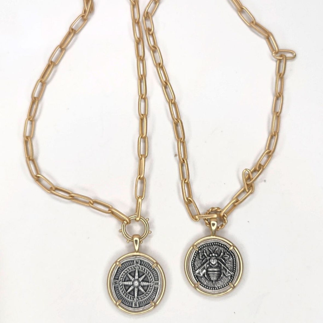 Gold Necklace with Bee or Compass Pendant, Beauty In Stone Jewelry at $62