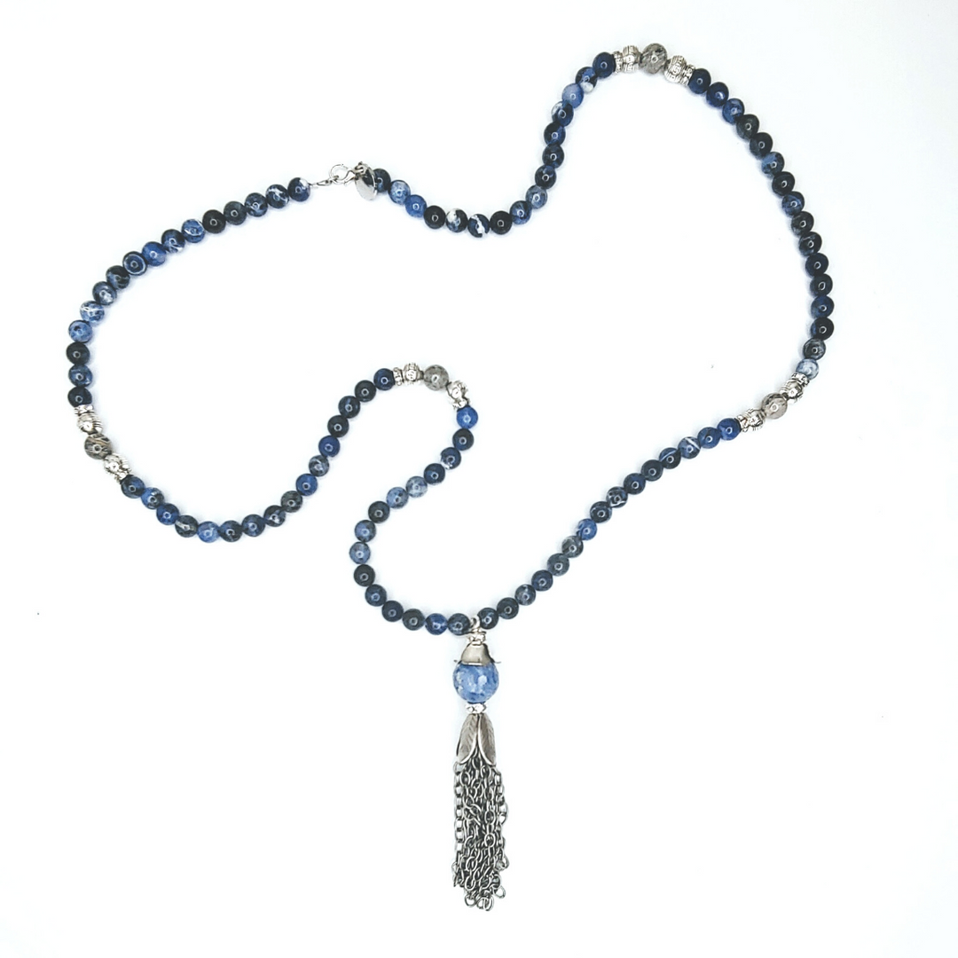 Sodalite Beaded Necklace With Chain Tassel, Beauty In Stone Jewelry at $159