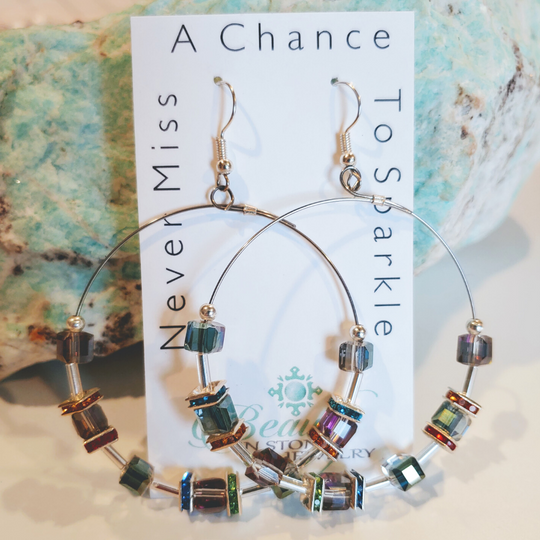 Hoop Earrings Multi Color Cubes & Crystal, Beauty In Stone Jewelry at $49