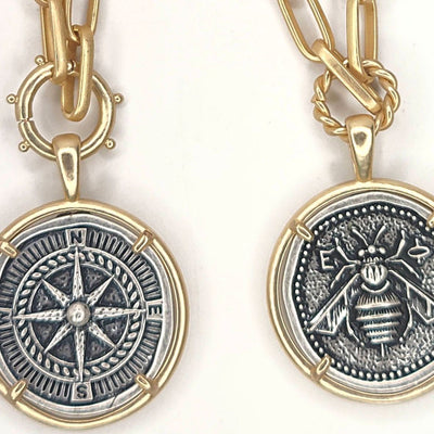 Gold Necklace with Bee or Compass Pendant, Beauty In Stone Jewelry at $62