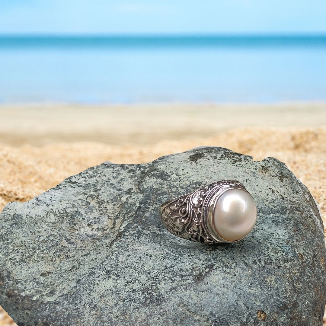 Sterling Silver Cultured Pearl Ring "Floral Band", Beauty In Stone Jewelry at $79