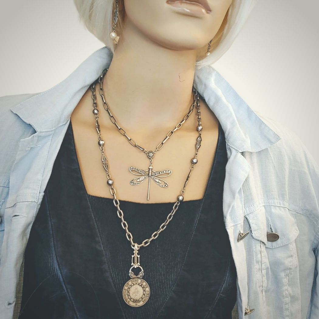 Dragonfly Chain Necklace Oxidized Silver, Beauty In Stone Jewelry at $79