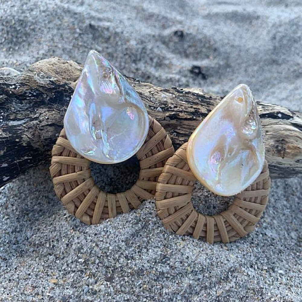 Rattan Earrings Shell Color CHOICE, Beauty In Stone Jewelry at $40