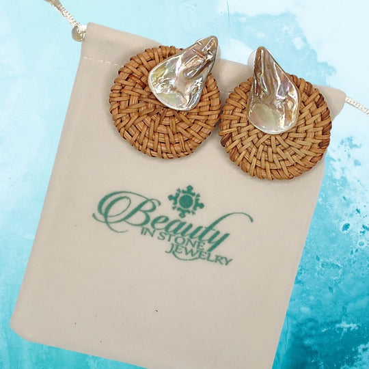 Rattan Earrings Shell Color CHOICE, Beauty In Stone Jewelry at $35