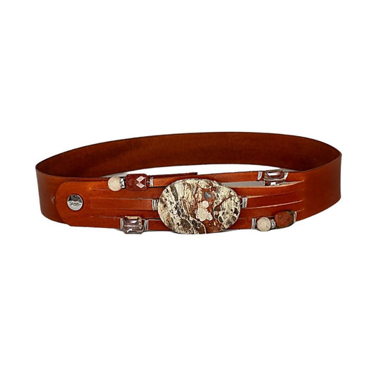 Handmade Leather Belt Brown/Mushroom Jasper Gemstone & Rhinestones, Beauty In Stone Jewelry at $199