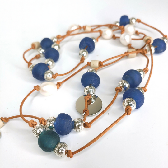 Beach Glass & Pearl Lariat Necklace Dark Blue, Beauty In Stone Jewelry at $149