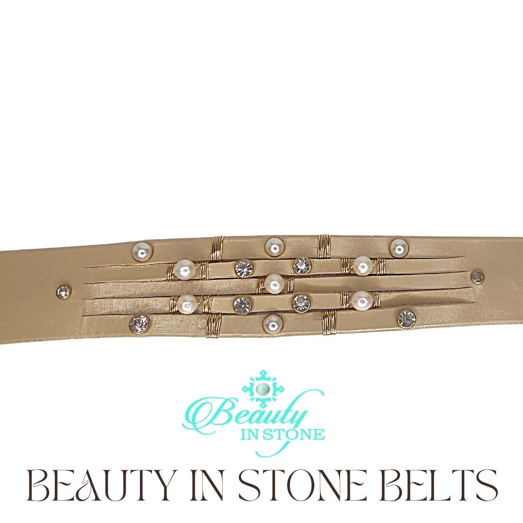 Handmade Leather Belt Pearls & Rhinestones on Beige Leather, Beauty In Stone Jewelry at $189