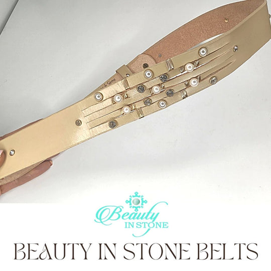 Handmade Leather Belt Pearls & Rhinestones on Beige Leather, Beauty In Stone Jewelry at $189