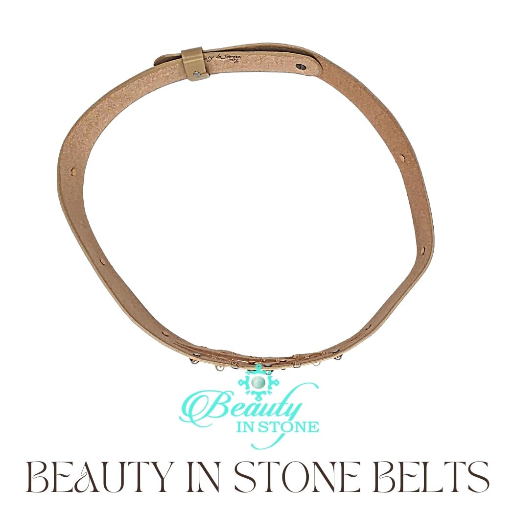 Handmade Leather Belt Pearls & Rhinestones on Beige Leather, Beauty In Stone Jewelry at $189