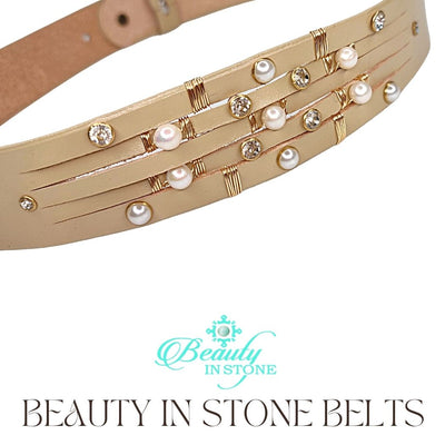 Handmade Leather Belt Pearls & Rhinestones on Beige Leather, Beauty In Stone Jewelry at $189