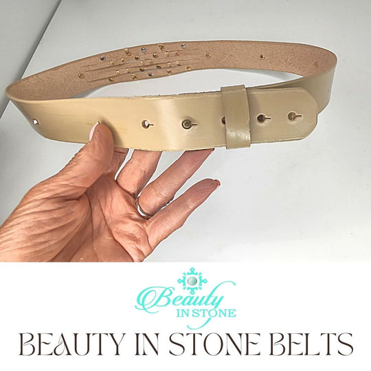 Handmade Leather Belt Pearls & Rhinestones on Beige Leather, Beauty In Stone Jewelry at $189